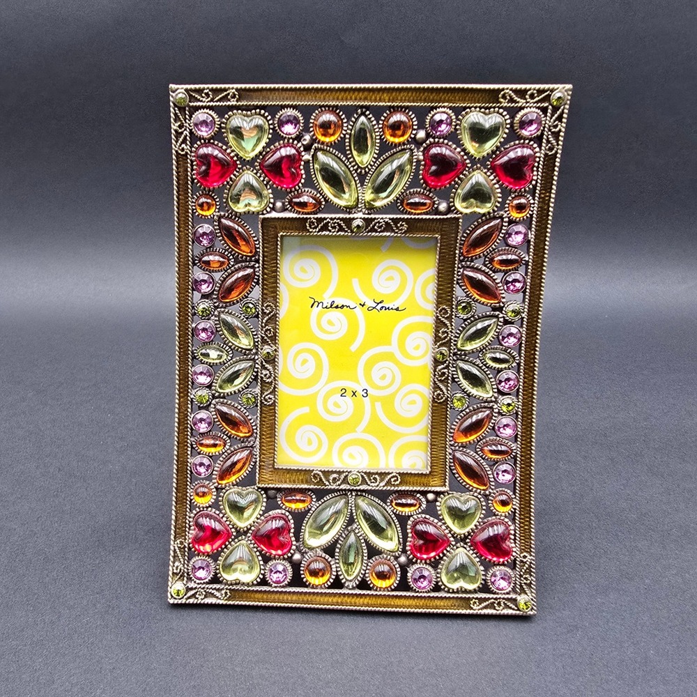 Milson & Louis Jeweled Picture Frame 2x3 Multi-Color Crystal Heart Bronze Metal